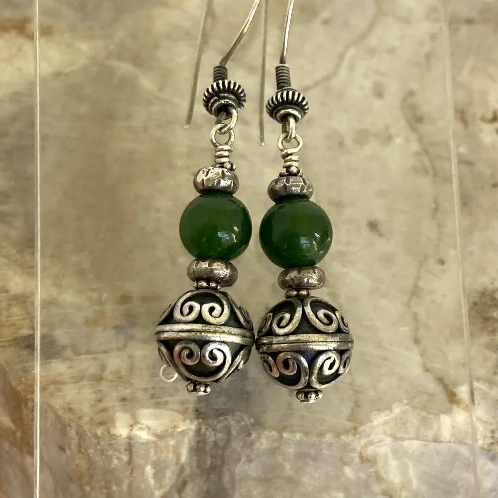Sterling Silver 925 Round Beaded Nephrite Oxidized Scrollwork Dangle Earrings